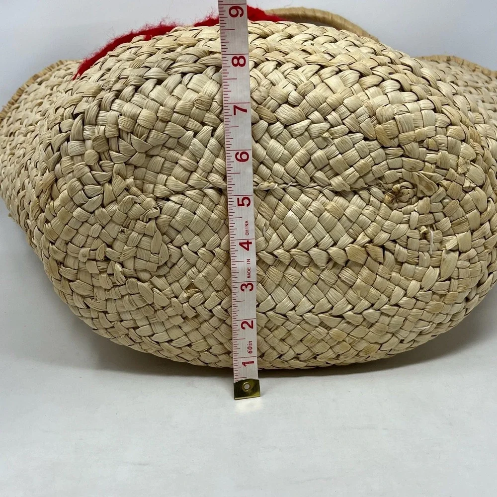 Straw Tote Bag Womens Large Raffia Hello Embroidery Pom Pom Tassel Beach Resort‎